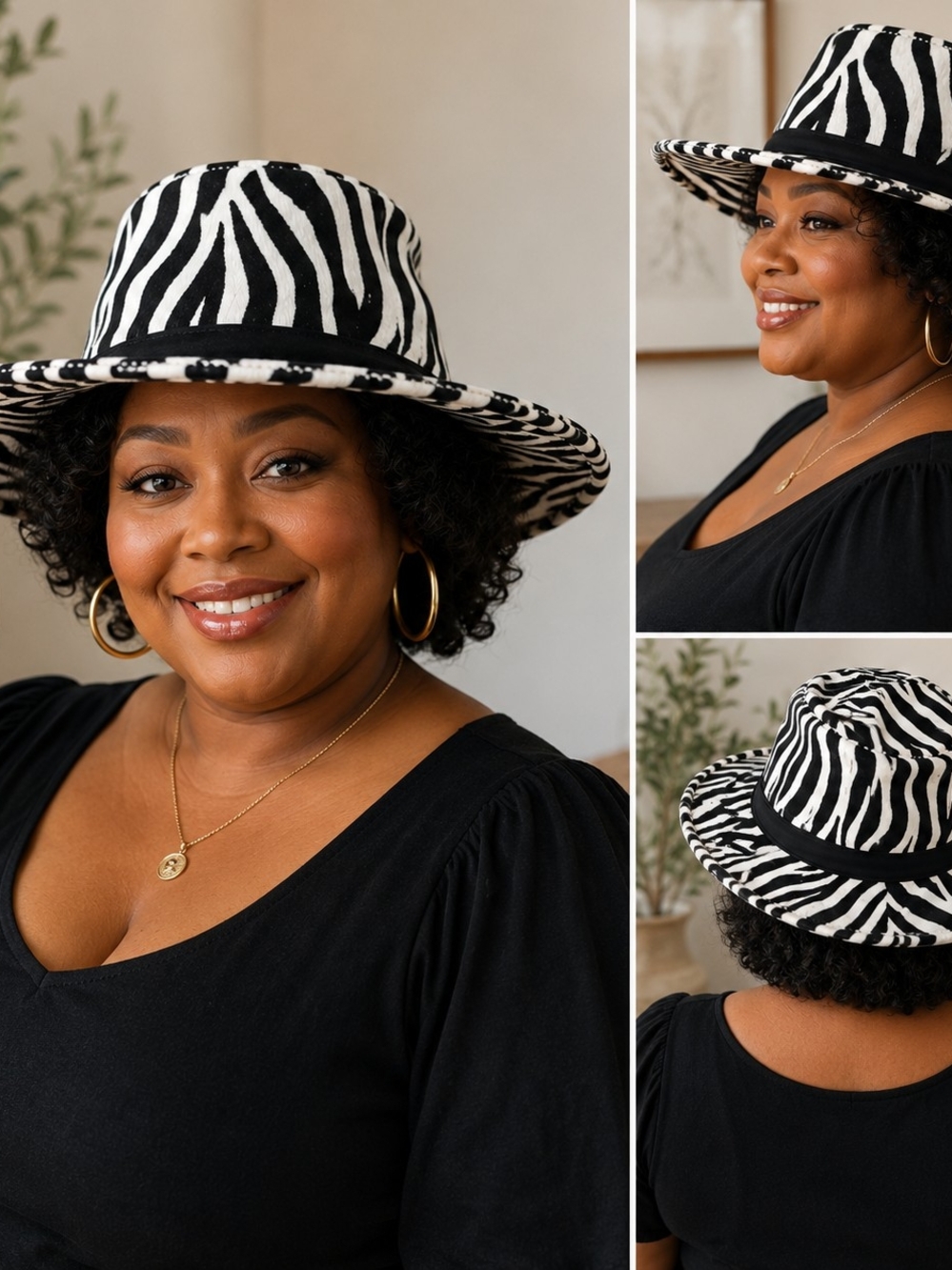 David & Young Zebra Print Wide Brim Safari Sun Hat Black White 7"